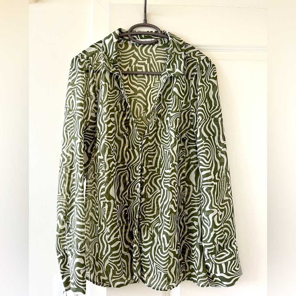 Abercrombie Sheer Collared Top in Green and White